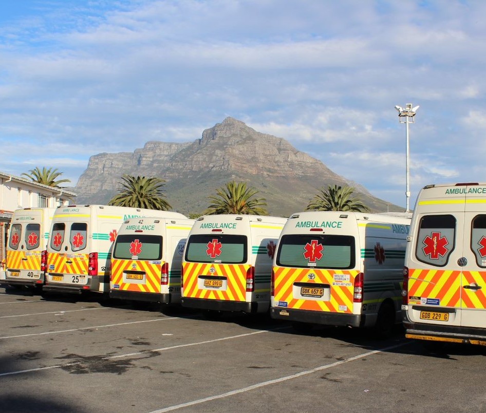 EMS ambulances with Table mountain in the background