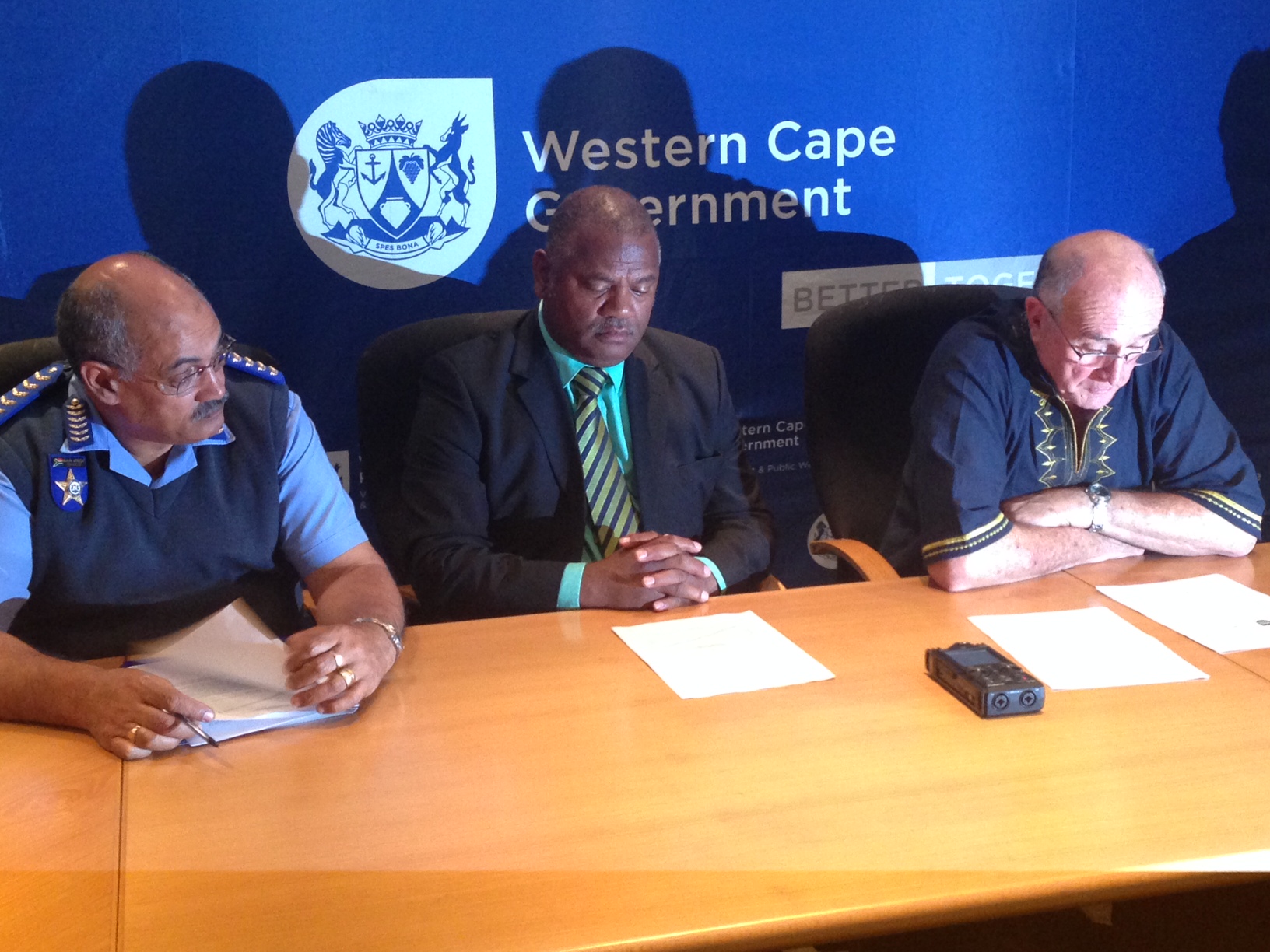Provincial Traffic Chief, Kenny Africa, Minister Plato and Minister Carlisle at the media briefing today