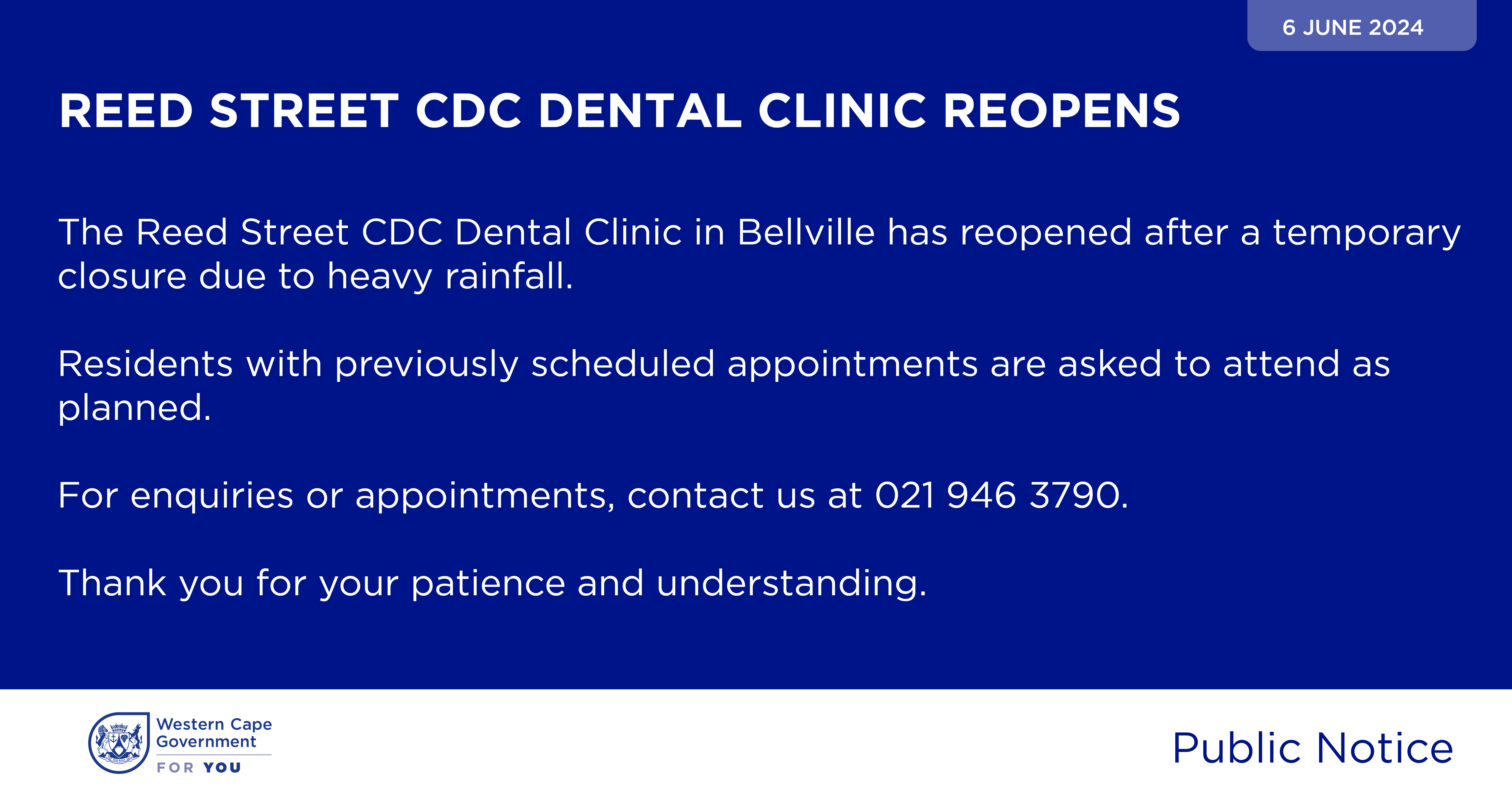 PUBLIC NOTICE: Reed Street CDC Dental Clinic reopens